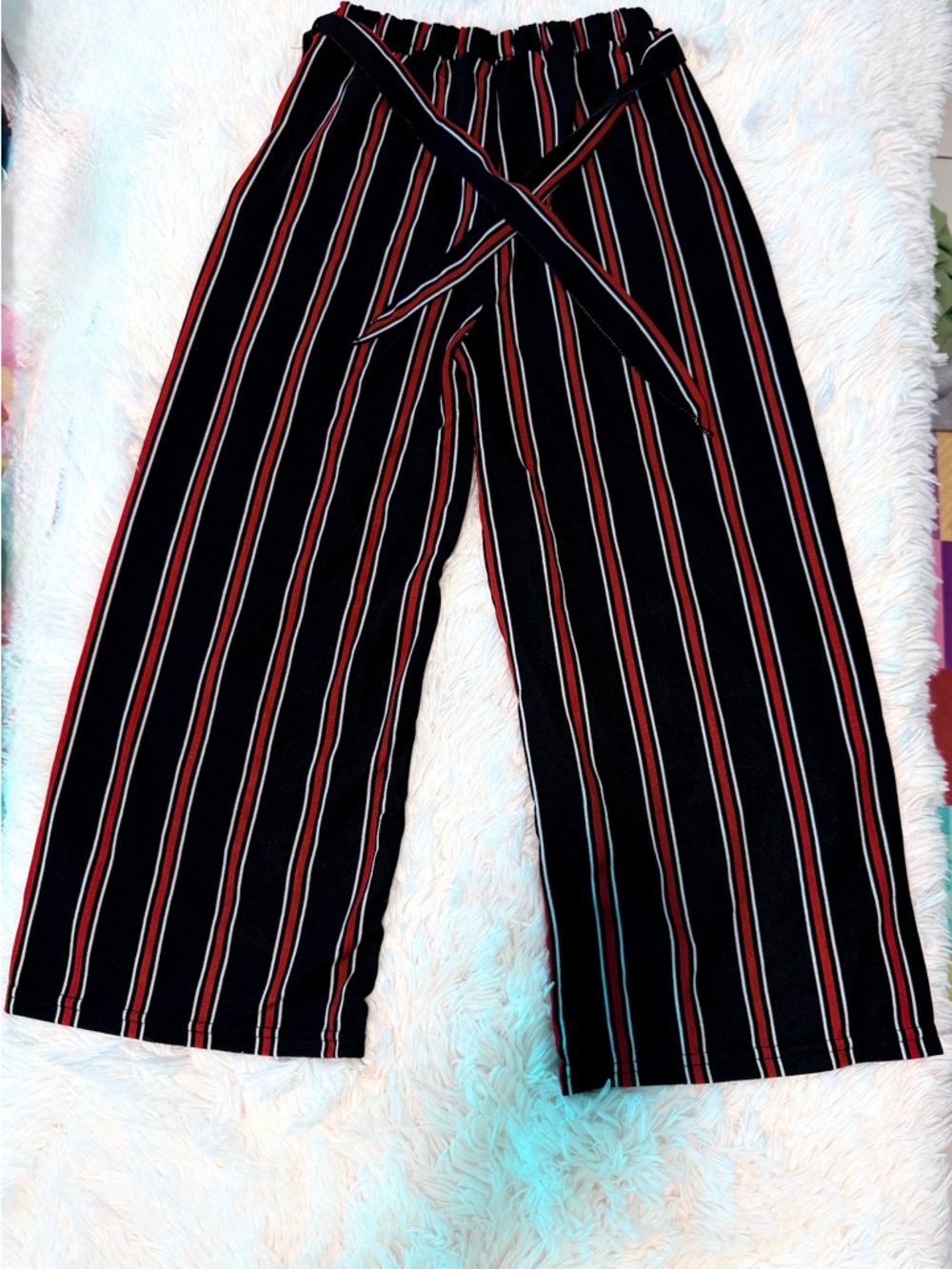 Black Wide Leg Striped Pants with Red & White Pinstripes